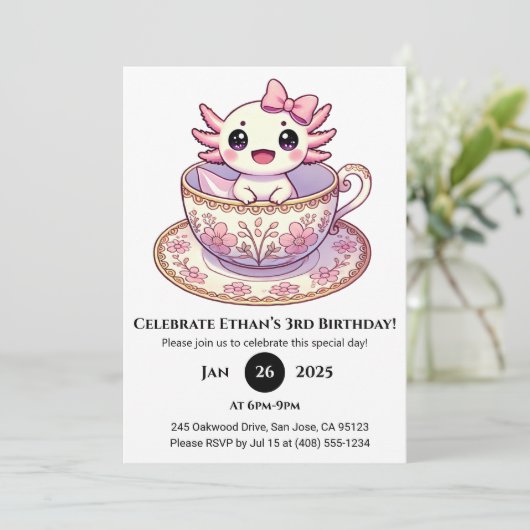 Tea Time Axolotl Birthday Einladung (Stehend Vorderseite)