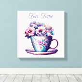 Tea Time | Hübscher Vintager Teecup voller Blume Leinwanddruck (Insitu (Holzboden))