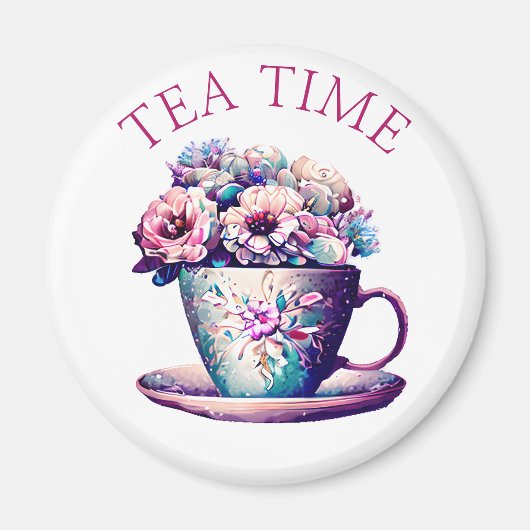 Tea Time | Hübscher Vintager Teecup voller Blume Magnet (Vorne)