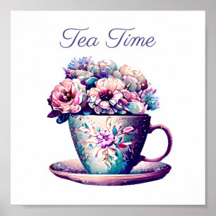 Tea Time   Hübscher Vintager Teecup voller Blume Poster
