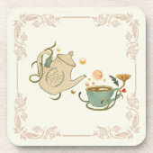Tea Time Illustration, Beige Nature Graphic Art Getränkeuntersetzer (Vorderseite)