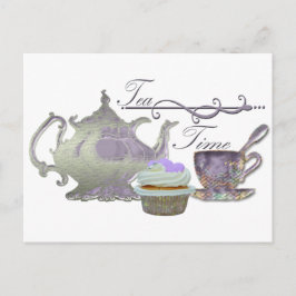 Tea Time! Lilac Teapot, Teacup and Cupcake Art Postkarte