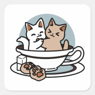 Tea Time Meow Time - Niedliches Katzen- und Teedes Quadratischer Aufkleber