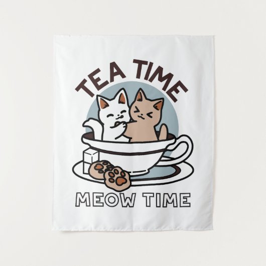 Tea Time Meow Time - Niedliches Katzen- und Teedes Wandteppich (Vorderseite)