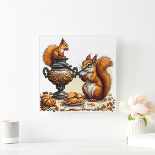 Tea time mit Eichhörnchen Quadratische Wanduhr (Zuhause)