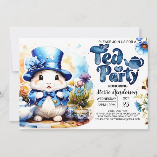 Tea Time Schwanzes Blue Bunny Baby Shower Einladung (Vorderseite)