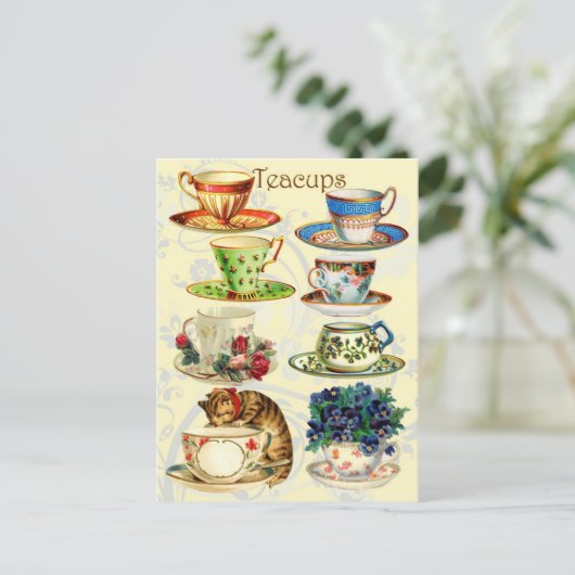 Tea Time Teacups Postkarte (Stehend Vorderseite)