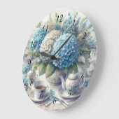 Tea Time Teapot und Blue Hydrangia Wall Clock Große Wanduhr (Winkel)