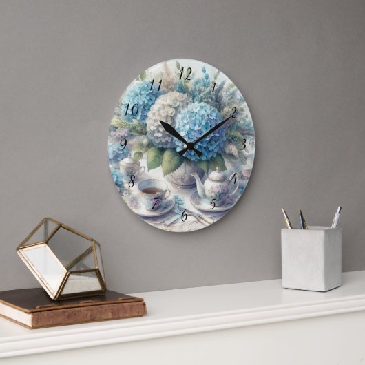 Tea Time Teapot und Blue Hydrangia Wall Clock Große Wanduhr (Büro)