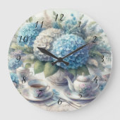 Tea Time Teapot und Blue Hydrangia Wall Clock Große Wanduhr (Vorderseite)