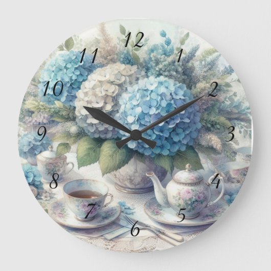 Tea Time Teapot und Blue Hydrangia Wall Clock Große Wanduhr (Vorderseite)