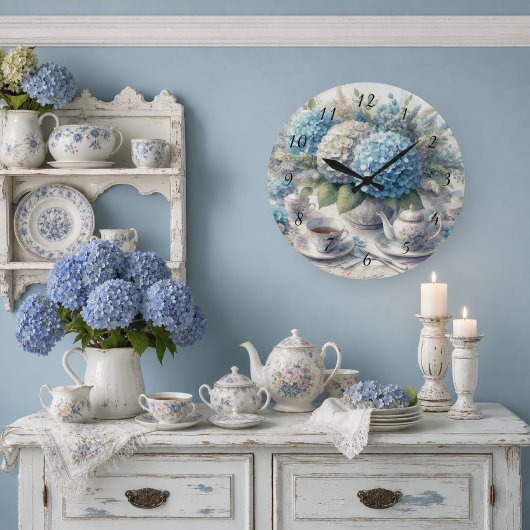 Tea Time Teapot und Blue Hydrangia Wall Clock Große Wanduhr