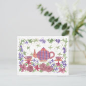 Tea Time Teapot und Blume Postkarte (Stehend Vorderseite)