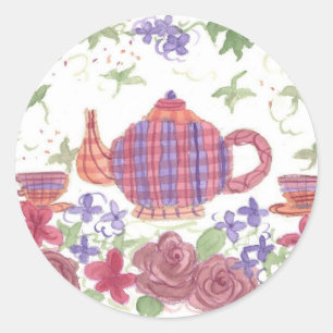 Tea Time Teapot und Blume Runder Aufkleber