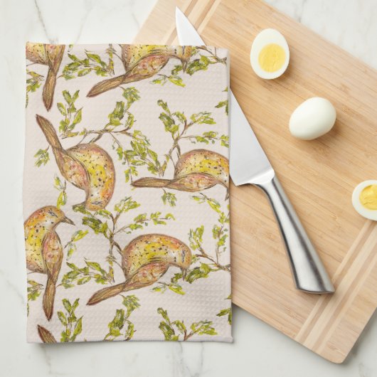 Tea Towel With Hand-Painted Birds on Branches Geschirrtuch (Viertel Falte)