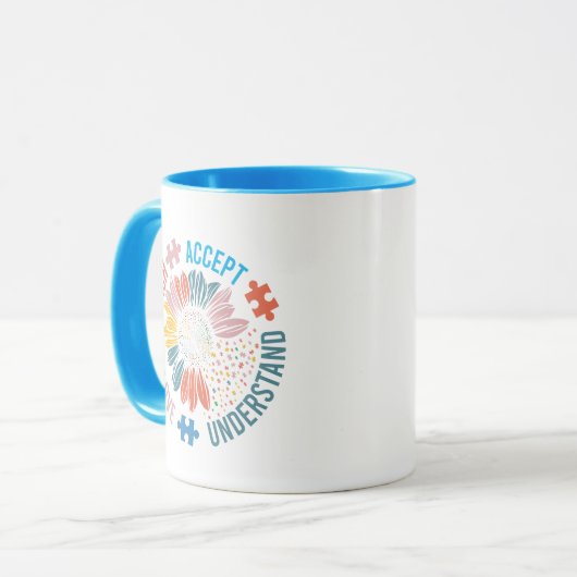 "Teach Accept Love Understand" Puzzle Piece Flower Tasse (Vorderseite Links)