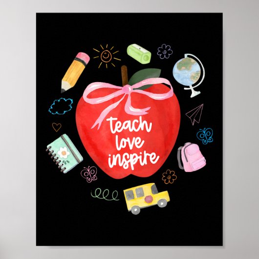 Teach Love Inspire Teacher Coquette Bow Apple Back Poster (Vorne)