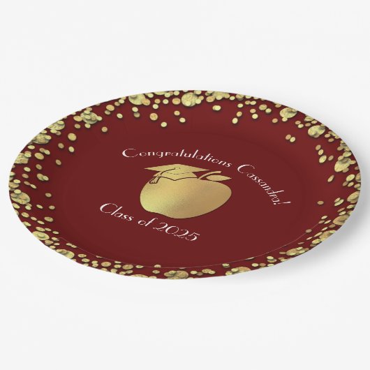 Teacher Bildung Abschluss Maroon Gold Pappteller (Schrägansicht)
