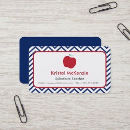 Teacher Business Cards Navy Blue Zickzack & Apple Visitenkarte