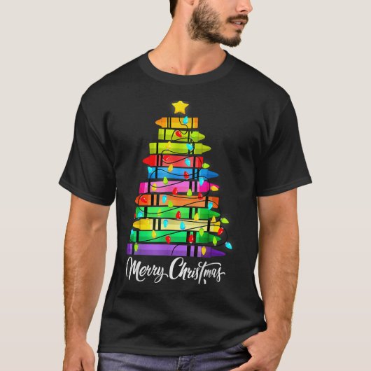 Teacher Crayon Merry Christmas Tree Lights School T-Shirt (Vorderseite)