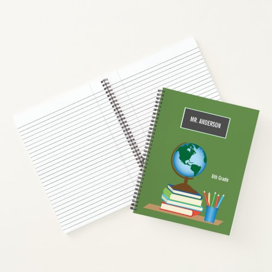 Teacher Desk World Globe Stack of Books Notebook Notizbuch (Innenseite)