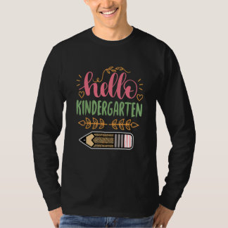 Teacher Kids Hello Kindergarten 1st Day Of Pencil  T-Shirt