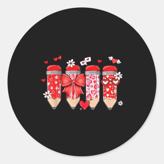 Teacher Valentine Coquette Bow Pencil Teacher Vale Runder Aufkleber (Vorderseite)