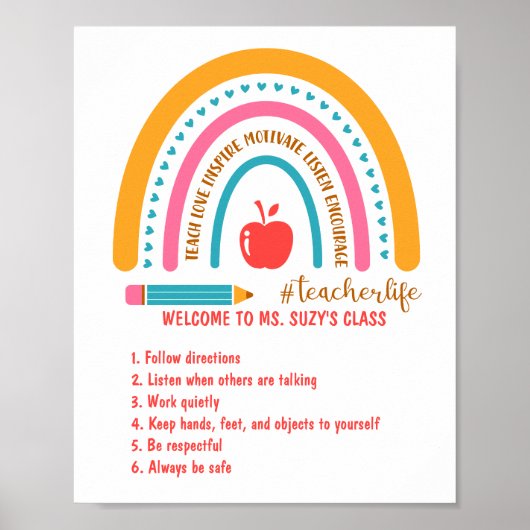 #Teacherlife Rainbow Personalisierte Klassenordnun Poster (Vorne)