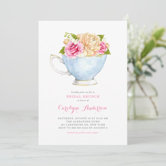 Teacup Bouquet Blume Bridal Brunch Einladung (Stehend Vorderseite)