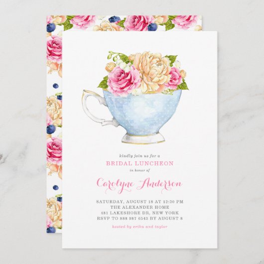 Teacup Bouquet Blume Bridal Luncheon Einladung (Vorne/Hinten)