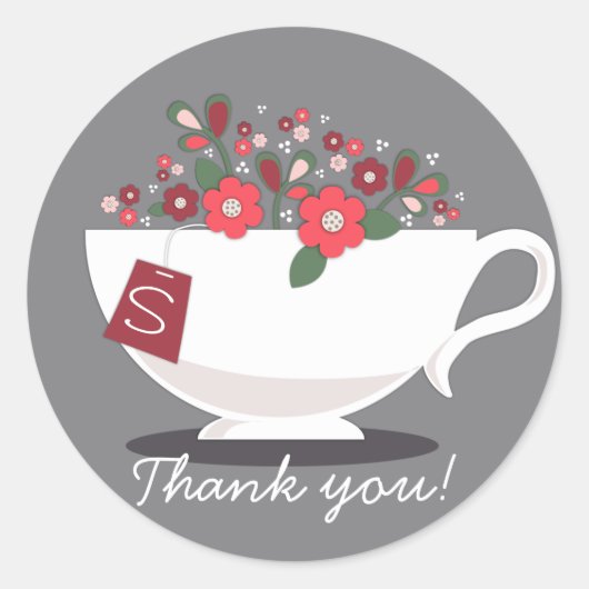 Teacup Coral Floral Monogram Danke Sticker (Vorderseite)