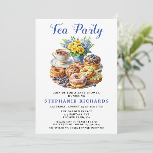 Teacup Donut Floral Tee Party Babydusche Einladung (Stehend Vorderseite)