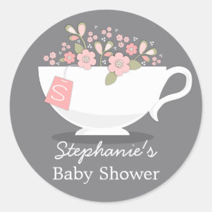 Teacup & Pink Floral Monogram Babyaufkleber Runder Aufkleber