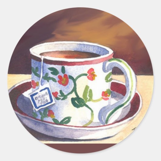 Teacup & Saucer mit Teabag Runder Aufkleber (Vorderseite)