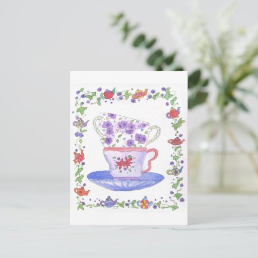 Teacup Stack Teezeit Wasserfarbene Blume Postkarte (Stehend Vorderseite)