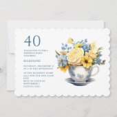 Teacup Yellow Blue Blumen 40. Geburtstag Einladung (Vorderseite)
