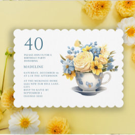 Teacup Yellow Blue Blumen 40. Geburtstag Einladung