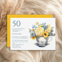 Teacup Yellow Blue Blumen 50. Geburtstag Einladung