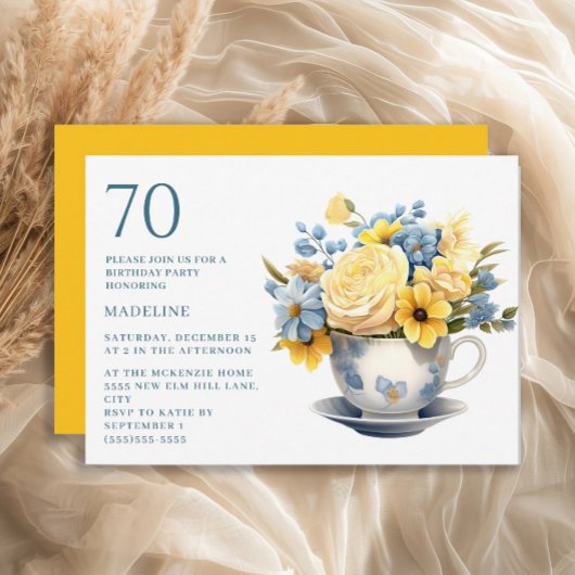 Teacup Yellow Blue Blumen 70. Geburtstag Einladung