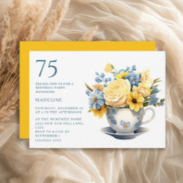 Teacup Yellow Blue Blumen 75. Geburtstag Einladung
