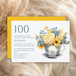 Teacup Yellow Blue Flowers 100. Geburtstag Einladung