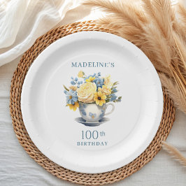 Teacup Yellow Blue Flowers 100. Geburtstag Pappteller