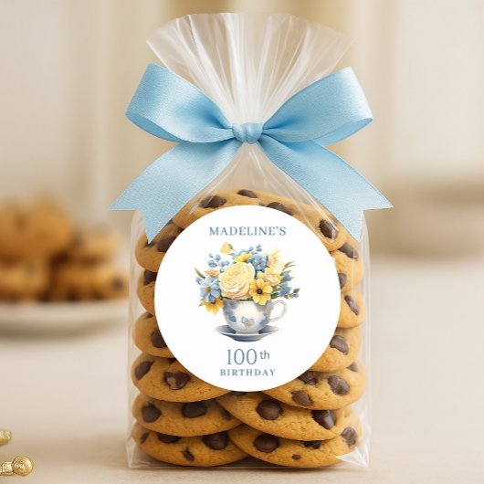 Teacup Yellow Blue Flowers 100. Geburtstag Runder Aufkleber