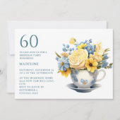 Teacup Yellow Blue Flowers 60. Geburtstag Einladung (Vorderseite)