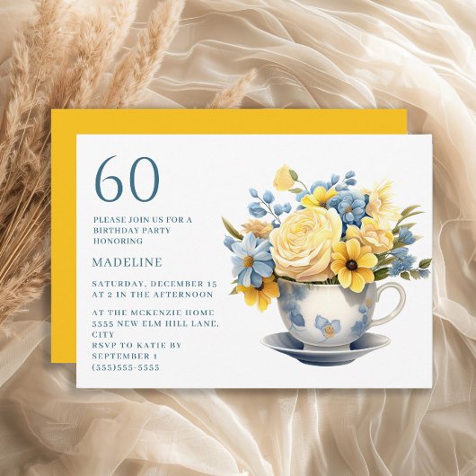Teacup Yellow Blue Flowers 60. Geburtstag Einladung