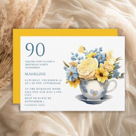 Teacup Yellow Blue Flowers 90. Geburtstag Einladung