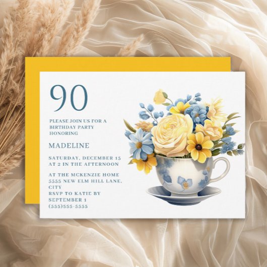 Teacup Yellow Blue Flowers 90. Geburtstag Einladung