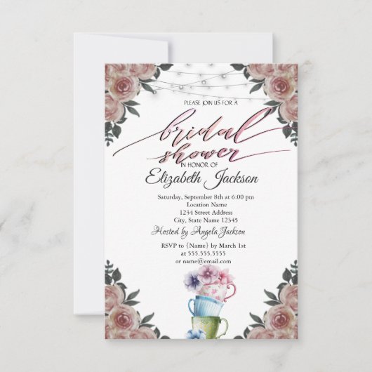 Teacups Blume String Lights Brautparty Einladung (Vorderseite)