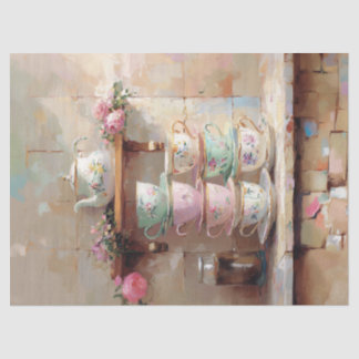 Teacups Tea Pot Set Kitchenette Dekoupage Seidenpapier