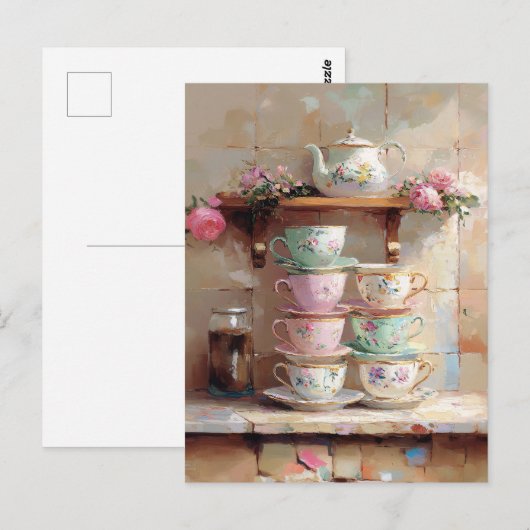 Teacups Tea Pot Set Küche Postkarte (Vorne/Hinten)